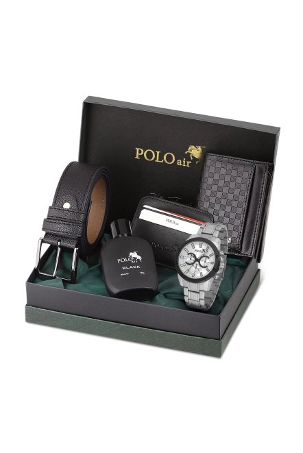 Erkek Kol Saati Dama Desen Cüzdan Kemer Kartlık Parfüm Kombin Set Gümüş Siyah Renk Pl-0992E4 Gümüş Pl-0992E4