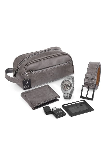 Erkek Kol Saati El Çantası Cüzdan Kemer Kartlık Çakmak Set Antrasit Gri Renk Kombin Pl-7011E6 Antrasit-Gri Pl-7011E6