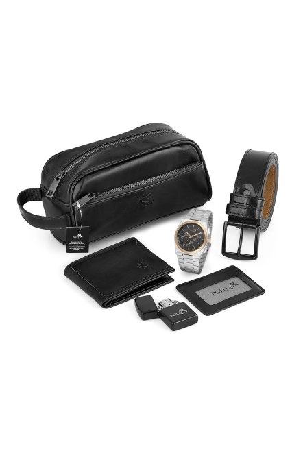 Erkek Kol Saati El Çantası Cüzdan Kemer Kartlık Çakmak Set Gümüş Bakır Siyah Renk Kombin Pl-7022E6 Siyah-Gümüş-Bakır Pl-7022E6