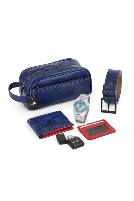 Erkek Kol Saati El Çantası Cüzdan Kemer Kartlık Çakmak Set Gümüş Mavi Renk Kombin Pl-7022E2 Mavi-Gümüş Pl-7022E2