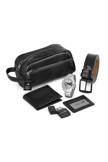 Erkek Kol Saati El Çantası Cüzdan Kemer Kartlık Çakmak Set Gümüş Siyah Renk Kombin Pl-7011E3 Gümüş Pl-7011E3