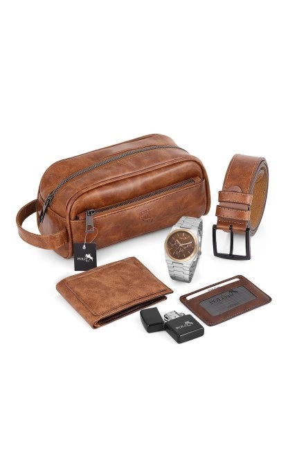 Erkek Kol Saati El Çantası Cüzdan Kemer Kartlık Çakmak Set Gümüş Taba Renk Kombin Pl-7022E4 Kahverengi-Gümüş-Taba Pl-7022E4