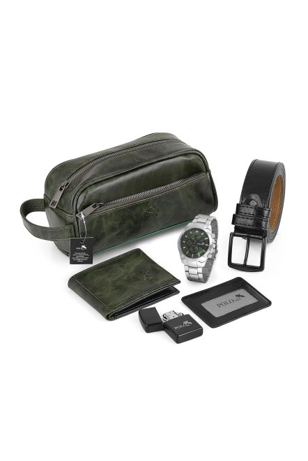 Erkek Kol Saati El Çantası Cüzdan Kemer Kartlık Çakmak Set Gümüş Yeşil Renk Kombin Pl-7011E4 Yeşil-Gümüş Pl-7011E4