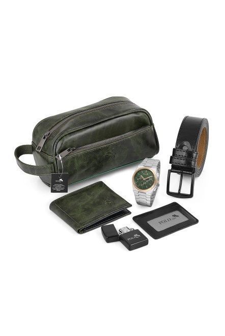 Erkek Kol Saati El Çantası Cüzdan Kemer Kartlık Çakmak Set Gümüş Yeşil Renk Kombin Pl-7022E5 Yeşil-Gümüş Pl-7022E5