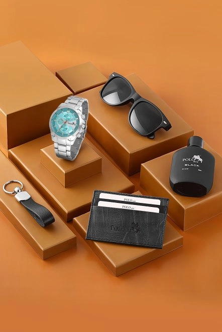 Erkek Kol Saati Gözlük Parfüm Kartlık Anahtarlık Kombin Gümüş Turkuaz Renk Pl-7012E5 Turkuaz-Gümüş Pl-7012E5