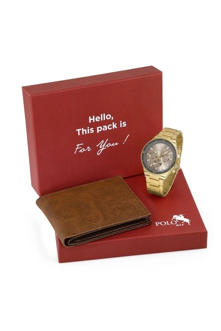 Erkek Kol Saati Ve Cüzdan Hediyelik Kutusunda Kombin Gold Renk Pl-7014E6 Gold Pl-7014E6