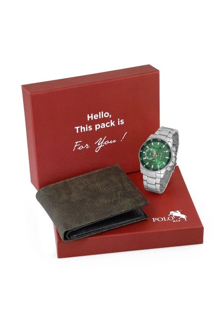 Erkek Kol Saati Ve Cüzdan Hediyelik Kutusunda Kombin Gümüş Yeşil Renk Pl-7015E4 Yeşil-Gümüş Pl-7015E4