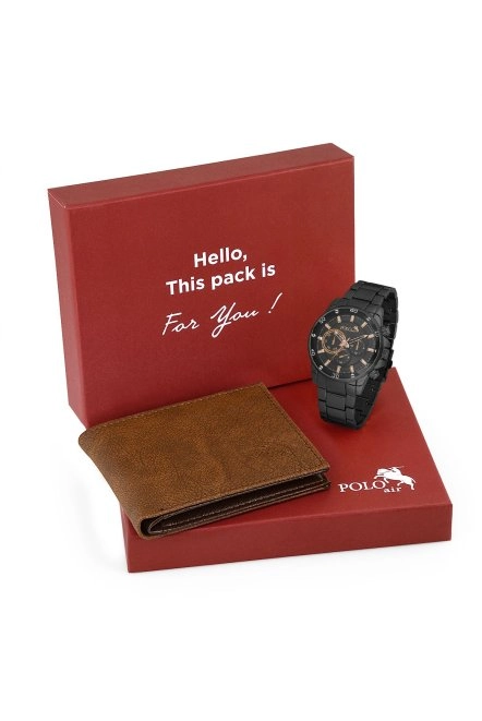 Erkek Kol Saati Ve Cüzdan Hediyelik Kutusunda Kombin Siyah Taba Renk Pl-7015E6 Siyah-Taba Pl-7015E6