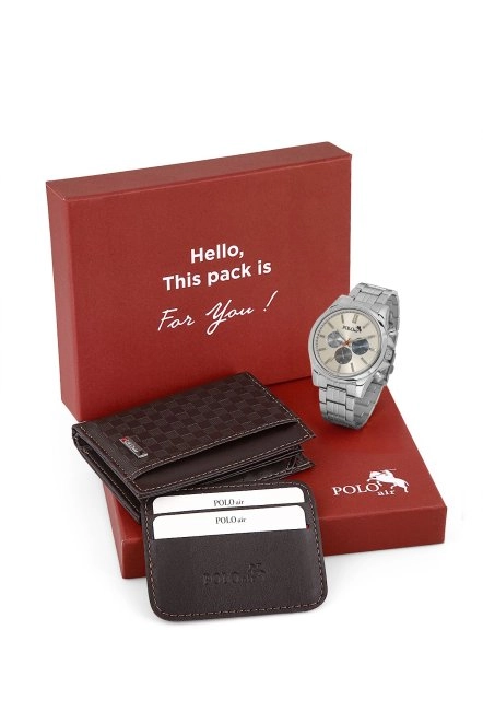 Erkek Kol Saati Ve Dama Desen Cüzdan Hediyelik Kutusunda Kombin Gümüş Kahverengi Renk Pl-7019E3 Kahverengi-Gümüş Pl-7019E3