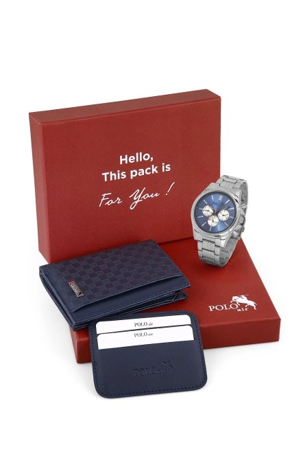 Erkek Kol Saati Ve Dama Desen Cüzdan Hediyelik Kutusunda Kombin Gümüş Lacivert Renk Pl-7019E2 Lacivert-Gümüş Pl-7019E2