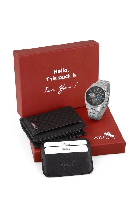 Erkek Kol Saati Ve Dama Desen Cüzdan Hediyelik Kutusunda Kombin Gümüş Siyah Renk Pl-7019E4 Siyah-Gümüş Pl-7019E4