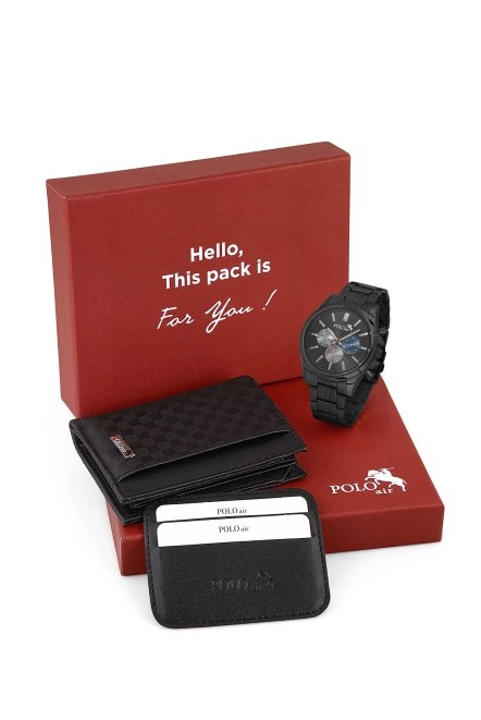 Erkek Kol Saati Ve Dama Desen Cüzdan Hediyelik Kutusunda Kombin Siyah Renk Pl-7019E1 Siyah Pl-7019E1