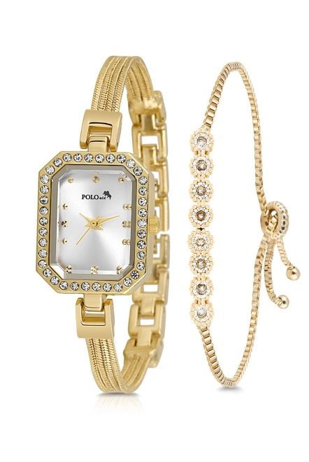Hasır Metal Kordon Kadın Kol Saati Zirkon Taşlı Su Yolu Bileklik Kombin Gold Renk Pl-1545B1 Gold Pl-1545B1