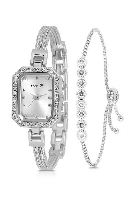 Hasır Metal Kordon Kadın Kol Saati Zirkon Taşlı Su Yolu Bileklik Kombin Gümüş Renk Pl-1545B2 Gümüş Pl-1545B2