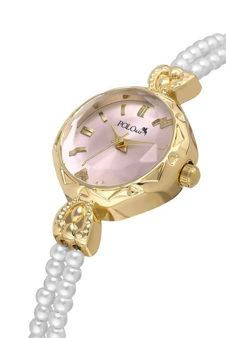 İki Inci Taşlı Görünümlü Kordon Kadın Kol Saati Beyaz Gold Lila Renk Pl-1531B7X Gold-Lila Pl-1531B7X