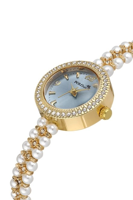 İnci Taşlı Görünümlü Kordon Kadın Kol Saati Beyaz Gold Mavi Renk Pl-1528B7X Gold-Mavi Pl-1528B7X