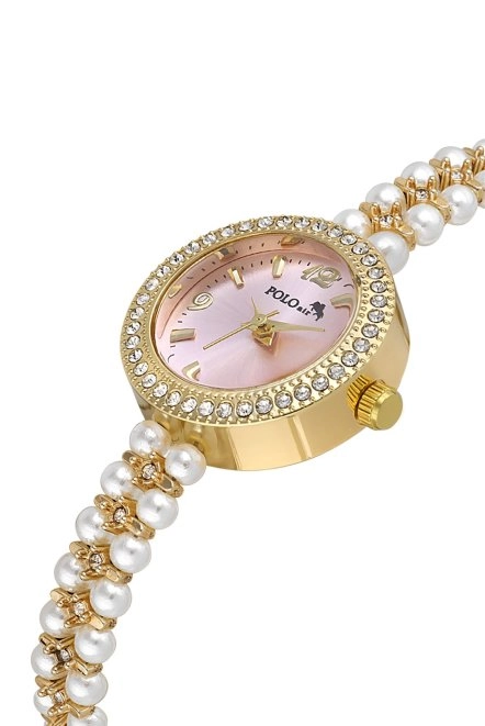 İnci Taşlı Görünümlü Kordon Kadın Kol Saati Beyaz Gold Pembe Renk Pl-1528B6X Gold-Pembe Pl-1528B6X