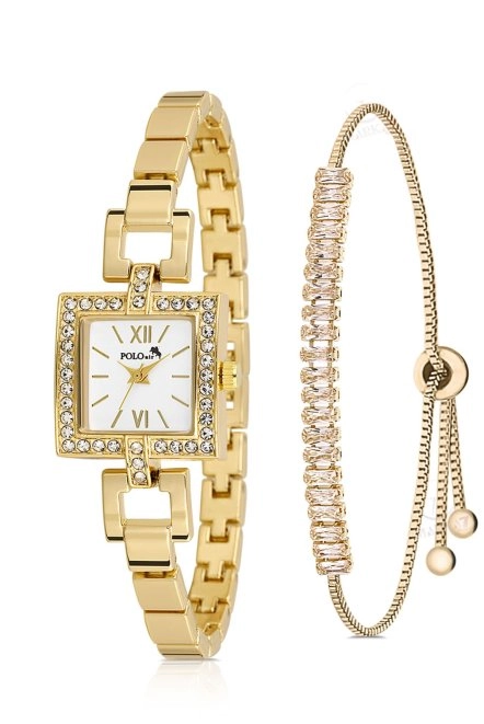 Kare Kasa Kadın Kol Saati Zirkon Taşlı Baget Bileklik Kombin Gold Renk Pl-1544B1 Gold Pl-1544B1