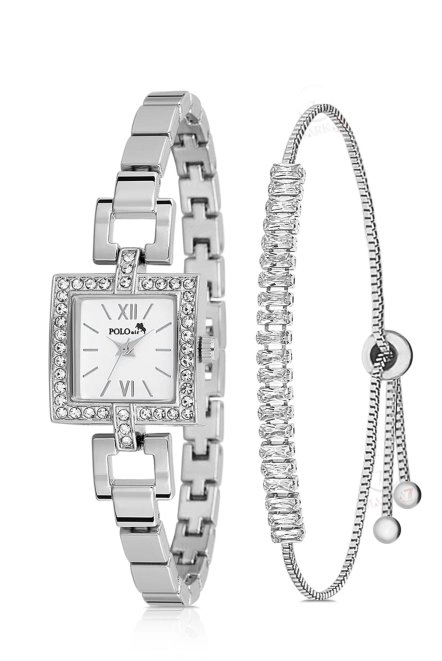 Kare Kasa Kadın Kol Saati Zirkon Taşlı Baget Bileklik Kombin Gümüş Renk Pl-1544B2 Gümüş Pl-1544B2