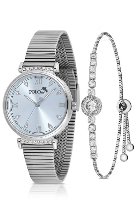 Klasik Kadın Kol Saati Zirkon Taşlı Yuvarlak Bileklik Kombin Gümüş Mavi Renk Pl-1554B3 Mavi-Gümüş Pl-1554B3