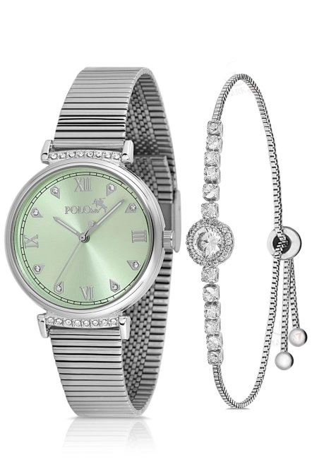 Klasik Kadın Kol Saati Zirkon Taşlı Yuvarlak Bileklik Kombin Gümüş Yeşil Renk Pl-1554B5 Yeşil-Gümüş Pl-1554B5