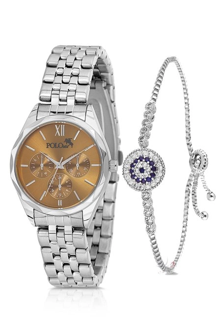 Klasik Spor Kadın Kol Saati Zirkon Taşlı Nazar Bileklik Kombin Gümüş Kahve Renk Pl-1552B5 Kahverengi-Gümüş Pl-1552B5