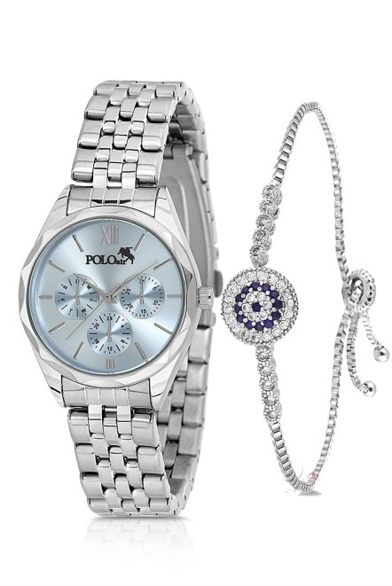 Klasik Spor Kadın Kol Saati Zirkon Taşlı Nazar Bileklik Kombin Gümüş Mavi Renk Pl-1552B4 Mavi-Gümüş Pl-1552B4