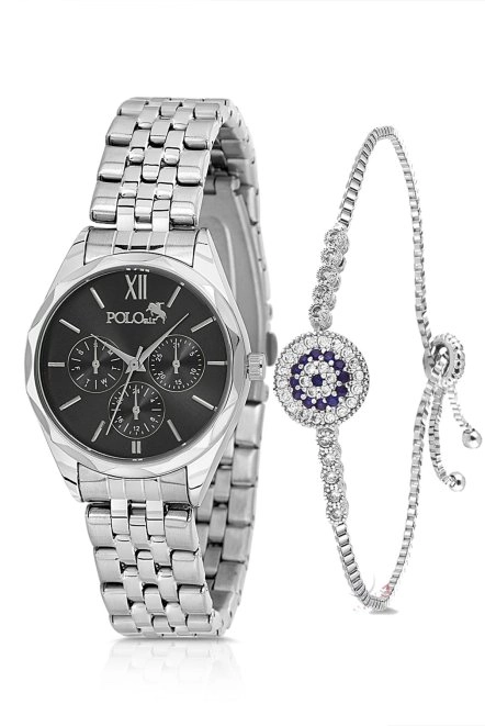 Klasik Spor Kadın Kol Saati Zirkon Taşlı Nazar Bileklik Kombin Gümüş Siyah Renk Pl-1552B2 Siyah-Gümüş Pl-1552B2