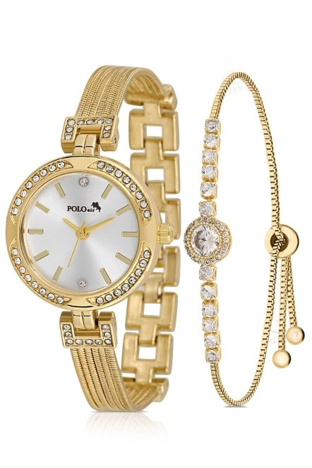 Lüx Taşlı Hasır Metal Kordon Kadın Kol Saati Zirkon Taşlı Yuvarlak Bileklik Gold Renk Pl-1547B1 Gold Pl-1547B1