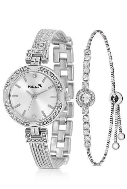 Lüx Taşlı Hasır Metal Kordon Kadın Kol Saati Zirkon Taşlı Yuvarlak Bileklik Gümüş Renk Pl-1547B2 Gümüş Pl-1547B2