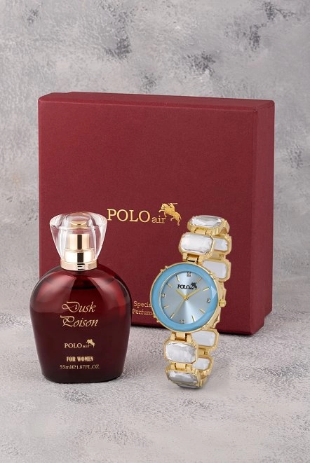 Lüx Taşlı Kadın Kol Saati Parfüm Bordo Hediyelik Kutsunda Set Mavi Gold Renk St-2173S4 Mavi-Gold St-2173S4
