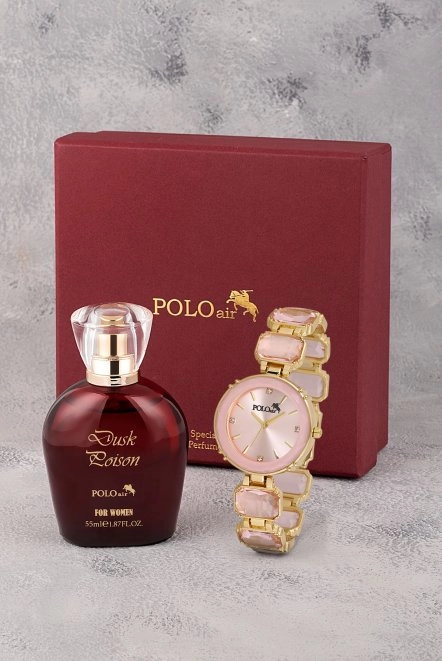 Lüx Taşlı Kadın Kol Saati Parfüm Bordo Hediyelik Kutsunda Set Pembe Gold Renk St-2173S3 Pembe-Gold St-2173S3