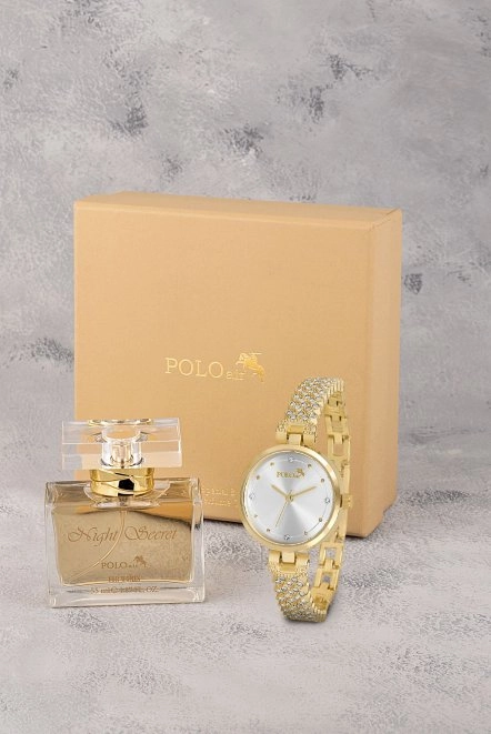 Lüx Taşlı Kadın Kol Saati Ve Parfüm Seti Hediyelik Kutsunda Kombin Gold Renk St-2175S1 Gold St-2175S1