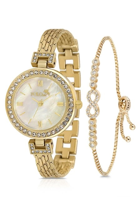 Lüx Taşlı Kadın Kol Saati Zirkon Taşlı Sonsuzluk Bileklik Kombin Gold Renk Pl-1548B1 Gold Pl-1548B1