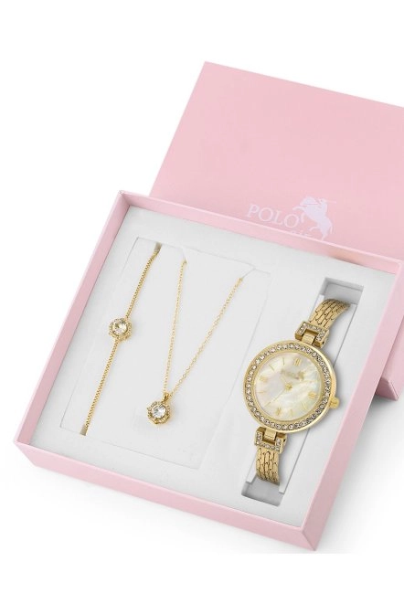 Lüx Taşlı Kadın Kol Saati Zirkon Taşlı Yuvarlak Kolye Bileklik Kombin Gold Renk St-2162S1 Gold St-2162S1
