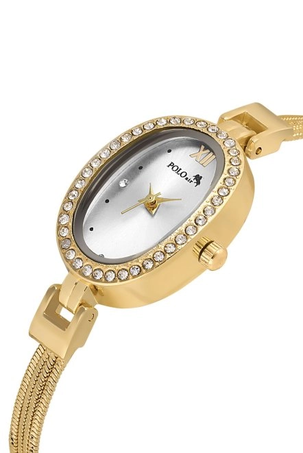Lüx Taşlı Oval Kasa Hasır Metal Kordon Kadın Kol Saati Gold Renk Pl-1546B1X Gold Pl-1546B1X