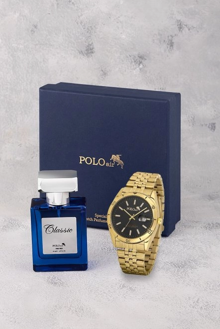 Mercek Takvimli Erkek Kol Saati 55Ml Parfüm Hediyelik Kutusunda Kombin Gold Siyah Renk Pl-7005E5 Gold-Siyah Pl-7005E5