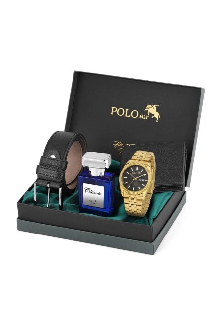 Mercek Takvimli Erkek Kol Saati Cüzdan Kemer 55 Ml Parfüm Kombin Gold Siyah Renk Pl-0988E6 Gold-Siyah Pl-0988E6