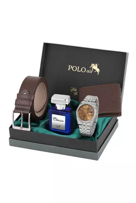 Mercek Takvimli Erkek Kol Saati Cüzdan Kemer 55 Ml Parfüm Kombin Gümüş Kahve Renk Pl-0988E4 Kahverengi-Gümüş Pl-0988E4