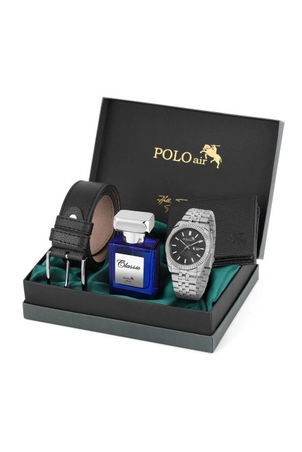 Mercek Takvimli Erkek Kol Saati Cüzdan Kemer 55 Ml Parfüm Kombin Gümüş Siyah Renk Pl-0988E1 Siyah-Gümüş Pl-0988E1