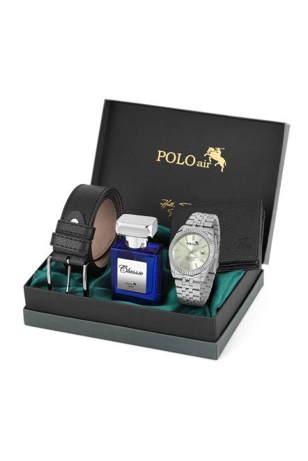 Mercek Takvimli Erkek Kol Saati Cüzdan Kemer 55 Ml Parfüm Kombin Gümüş Yeşil Siyah Renk Pl-0988E5 Yeşil-Gümüş-Siyah Pl-0988E5