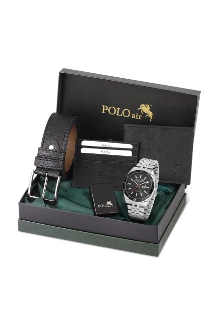 Mercek Takvimli Erkek Kol Saati Cüzdan Kemer Kartlık Çakmak Kombin Siyah Gümüş Renk Pl-0987E1 Siyah-Gümüş Pl-0987E1