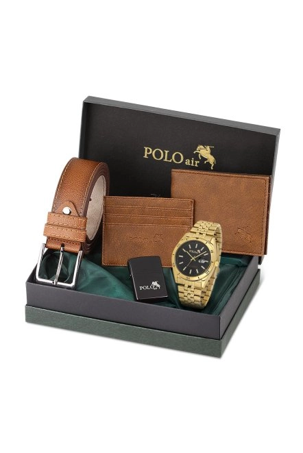 Mercek Takvimli Erkek Kol Saati Cüzdan Kemer Kartlık Çakmak Kombin Taba Renk Pl-0987E5 Gold-Siyah-Taba Pl-0987E5