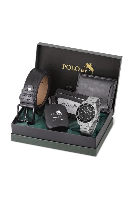 Mercek Takvimli Erkek Kol Saati Cüzdan Kemer Kartlık Parfüm Kombin Gümüş Siyah Renk Pl-0989E1 Siyah-Gümüş Pl-0989E1