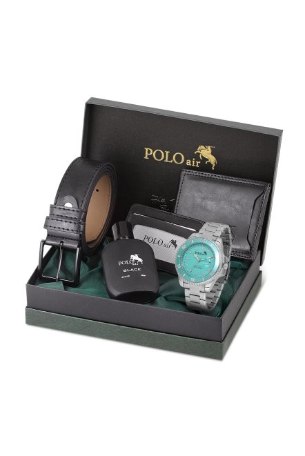 Mercek Takvimli Erkek Kol Saati Cüzdan Kemer Kartlık Parfüm Kombin Gümüş Turkuaz Renk Pl-0989E5 Turkuaz-Gümüş-Siyah Pl-0989E5
