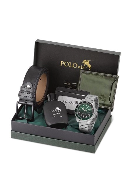Mercek Takvimli Erkek Kol Saati Cüzdan Kemer Kartlık Parfüm Kombin Gümüş Yeşil Renk Pl-0989E3 Yeşil-Gümüş Pl-0989E3