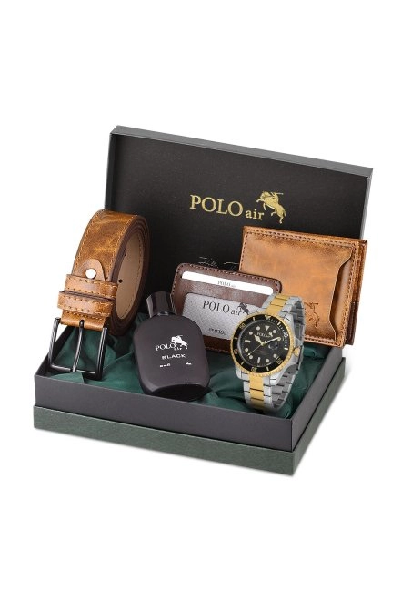 Mercek Takvimli Erkek Kol Saati Cüzdan Kemer Kartlık Parfüm Kombin Taba Renk Pl-0989E6 Gold-Gümüş-Taba Pl-0989E6