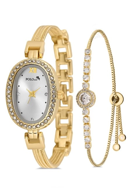 Oval Kasa Hasır Metal Kordon Kadın Kol Saati Zirkon Taşlı Yuvarlak Bileklik Gold Renk Pl-1546B1 Gold Pl-1546B1