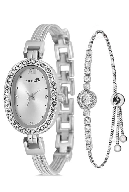 Oval Kasa Hasır Metal Kordon Kadın Kol Saati Zirkon Taşlı Yuvarlak Bileklik Gümüş Renk Pl-1546B2 Gümüş Pl-1546B2