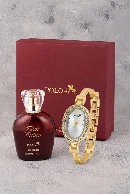 Oval Kasa Kadın Kol Saati Parfüm Bordo Hediyelik Kutsunda Set Gold Renk St-2170S1 Gold St-2170S1